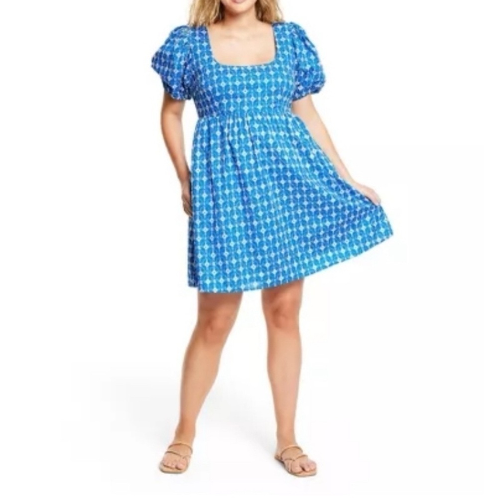 Rhode x Target Eyelet Mini Dress Blue Puff Sleeve Square Neck Pockets Size Large